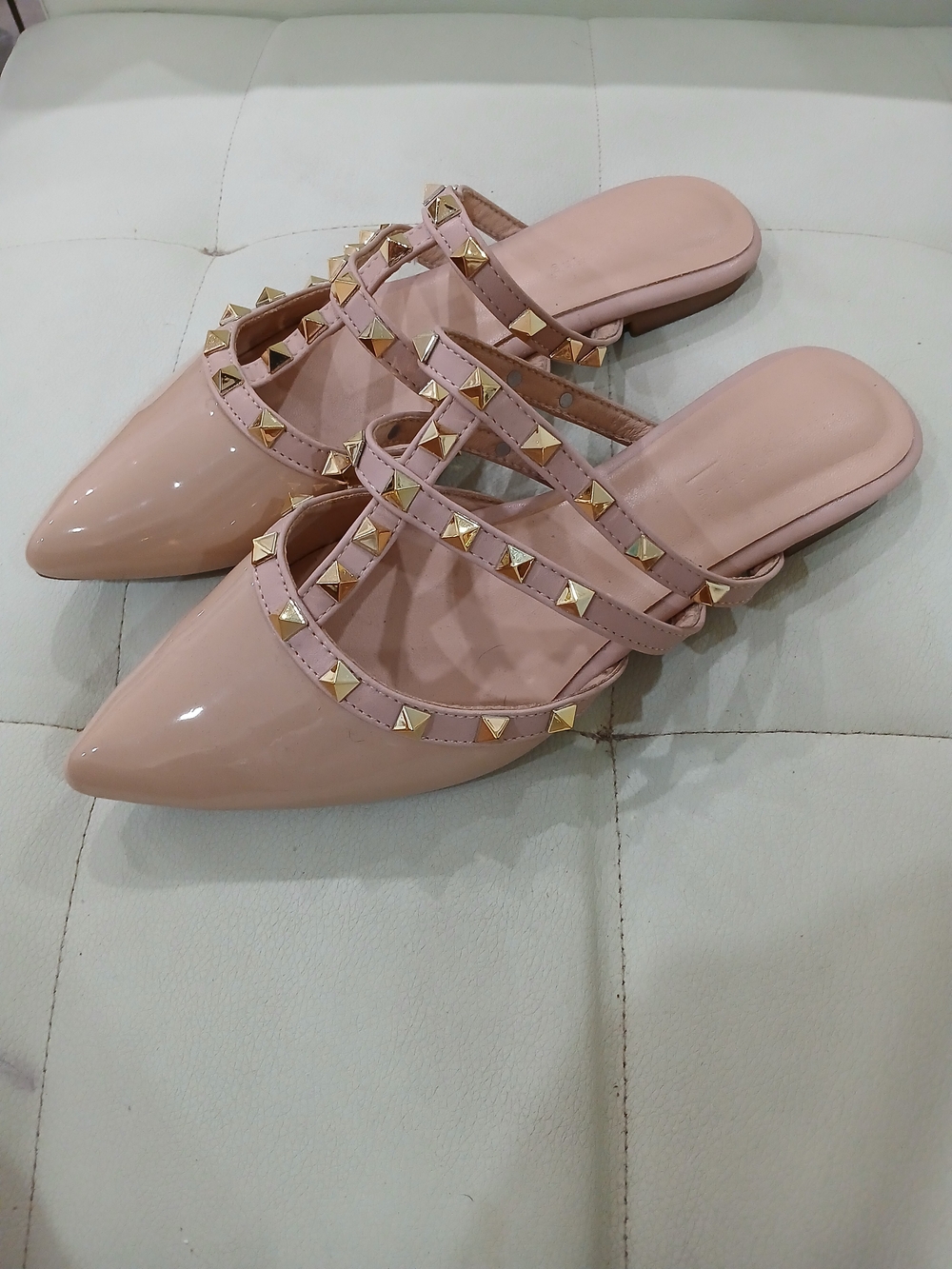 Stud-Trim Patent Pointed-Toe Slide Mules in Blush Pink